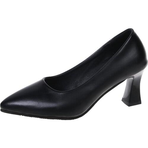 Spring Autumn Black Women New Leather Pumps Shoes Office Lady High Square Heel Square Pointy Toe Slip on Work Shoes Size 35-43