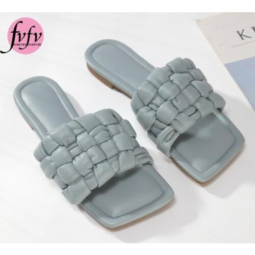 [fvfv]2021 Summer INS Fashion Women Candy Color Plaid Flat Slippers Purple Yellow Low Heels Beach Slides Mules Shoes Plus Size41