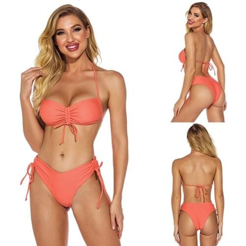 Women Halter Lace-Up Drawstring Frills Solid Color Split Swimsuit Feminine Orange