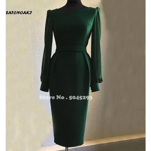 2021 Long Sleeves Mother of The Bride Dress Green Satin Mermaid Tea Length Prom Women Party Gown Vestidos De Fiesta Online Shop