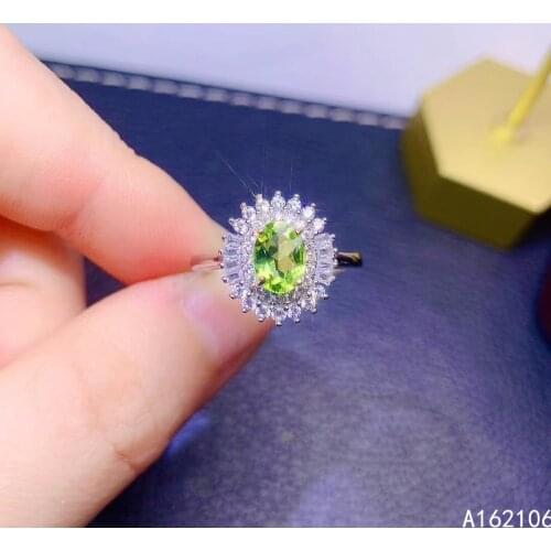 925 Pure Silver Chinese Style Natural Peridot Womens Popular Trendy Flower Oval Adjustable Gem Ring Fine Jewelry Support Detect