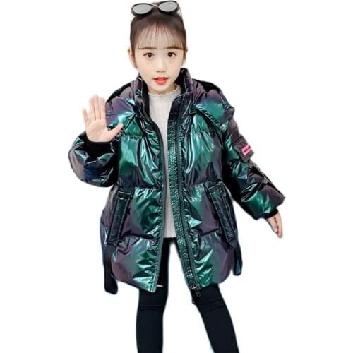 Winter New Kids Girls Leather Coats Fashion Thickening Real Warmth Down Cotton Mid-length Coat Parka Coats Children Coat Clothes