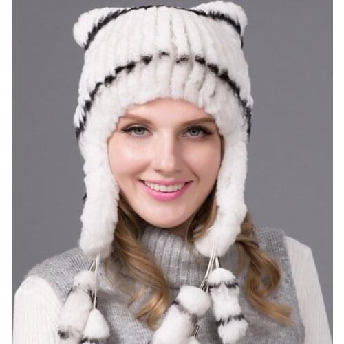 Winter Womens Hat Real Rex Rabbit Fur Hat Ear Protection Cap Fur Flower Ball Pompom Female Knit Bomber Fur Hat THY-04