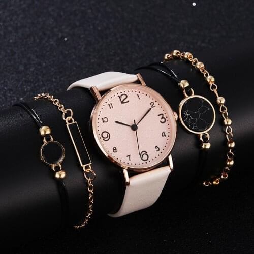 5pcs Set Top Style Fashion Womens Luxury Leather Band Analog Quartz WristWatch Ladies Watch Women Dress Reloj Mujer Beige Clock