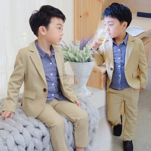 Kids Jacket Pants 2Pcs Clothing Set Flower Boys Formal Wedding Tuxedo Suit Children Host Dance Party Performance Dress Costume