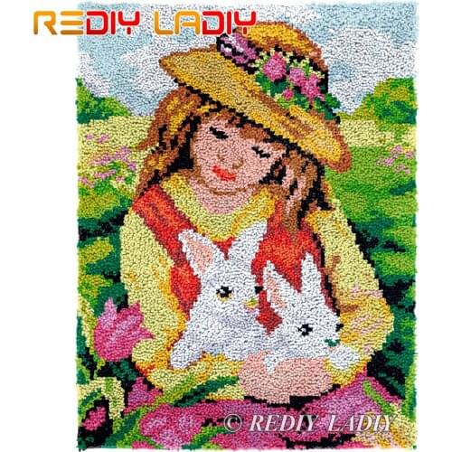 Latch Hook Rug Girl with Rabbits Plush Tapestry Kit Crochet Cushion DIY Carpet Rug Needlpoint Chunky Yarn Arts & Crafts 61*81cm