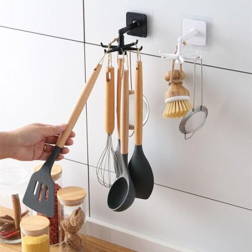 360° Rotating Kitchen Hook Self-adhesive 6 Hook Household Hanging Door Hook Handbag Clothes Tie Bag Hanging Kitchen Supplies