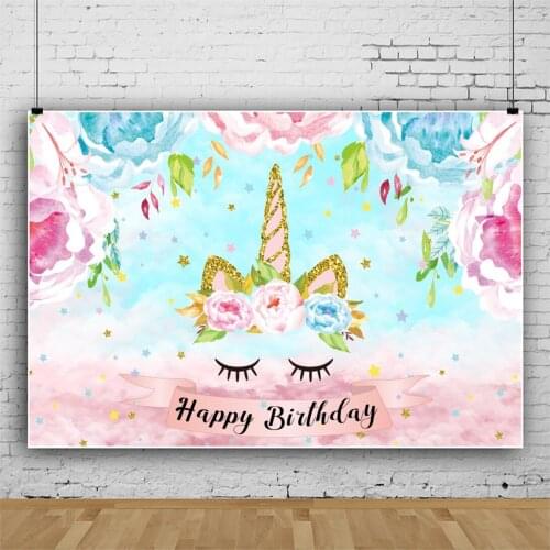 Laeacco Dreamy Unicorn Baby Birthday Photo Backdrops Pink Flower Gold Star Gradient Clouds Poster Child Photographic Backgrounds