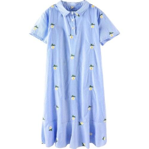 YourSeason Summer Plus Size Short Sleeve Maternity Dress Pregnant Woman Flower Embroidery Pregnant Gown Dresses Turn Down Collar