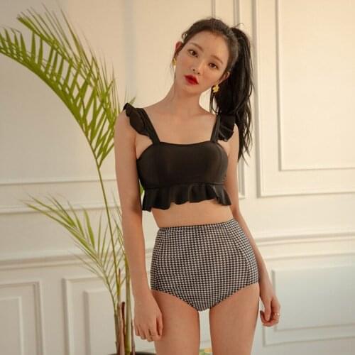 2021 New Fashion Two Piece Swimsuit for Women&Girl Black Ruffled Plaid High Waist Tankini Set Summer Beach Swimwear