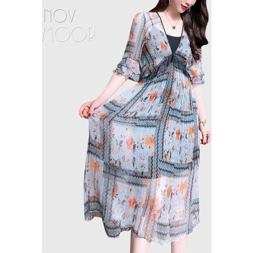 Novmoop 2020 100% natural silk v neck empire women dress Vestido de seda LT3183