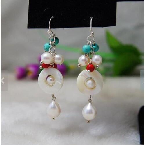 New Arrival Favorite Pearl Earrings Multicolor Turquoise Coral Sea Shell White Color Freshwater Pearl Silver Dangle Earrings