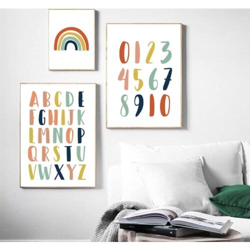 Orange Rainbow ABC Alphabet Art Print Nursery Educational Poster Cartoon Wall Art Canvas Painting Pictures Kids Room Decoration