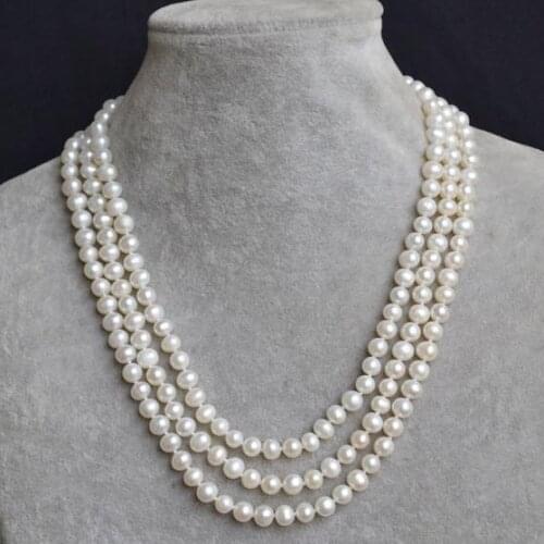 White Color Real Freshwater Pearl Necklace Triple Strand Pearl Jewelry AA 6-7MM Pearl Necklace Shell Clasp New Free Shipping
