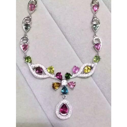 Natural multicolor tourmaline Necklace Natural Gemstone Pendant Necklace S925 sliver trendy Luxury Flowers women party Jewelry