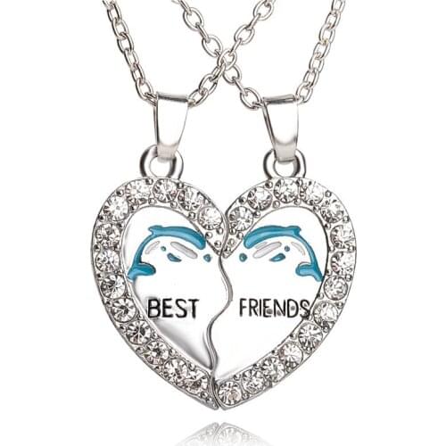 Heart Shape Dolphin Rhinestone Pendant Necklace Jewelry Two Parts Silver Chains Necklaces Gifts for Men Women Couple Friends