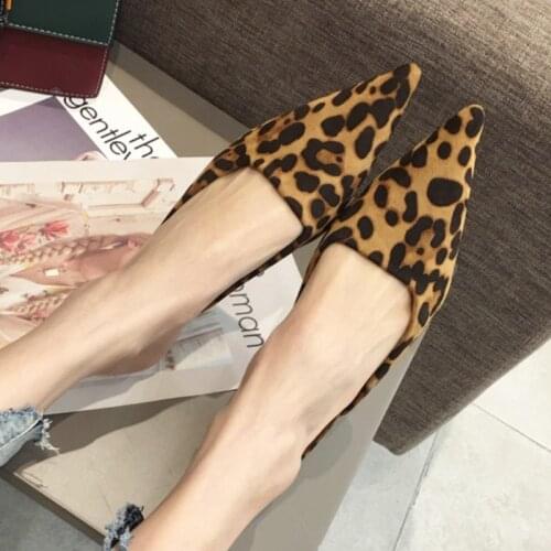 Leopard Low thin heels pointed toe flock mules woman slippers sexy cover toe slides shoes women slip on femme pantoufles 2020