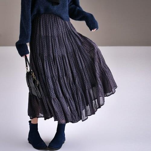 MICOCO Q2530 Korean version of foreign gas broken flower chiffon pleated skirt temperament elastic waist skirt qiu dong female