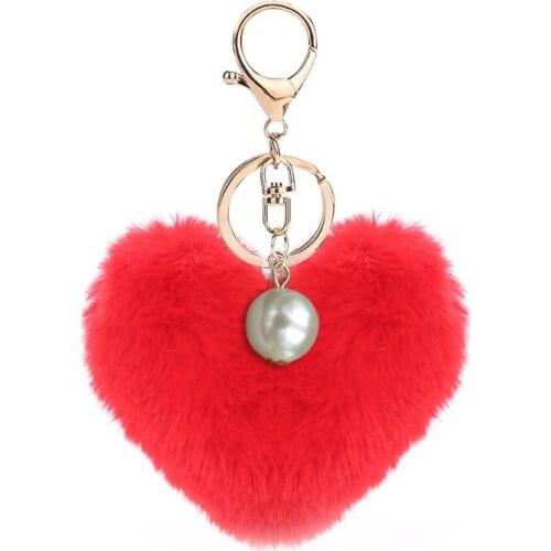 Cute Fluffy Heart Pom Poms Pearl Keychain For Women Faux Rabbit Fur Ball Car Pendant Keyring Holder Charm Bag Girl Party Gift