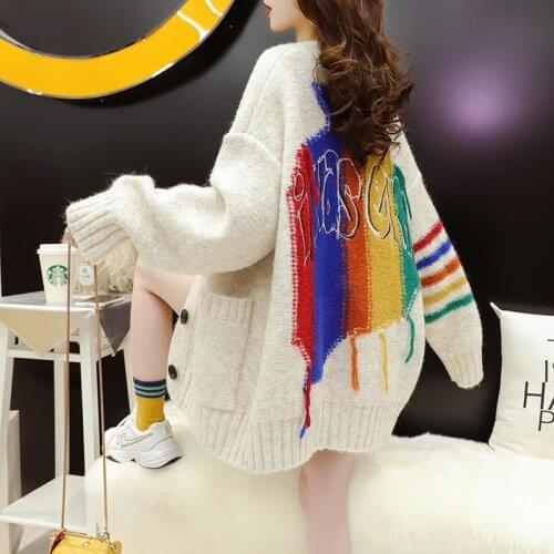 Spring 2021 Thickened Sweater Fashion Tassel Color Matching Cardigan Women Middle Length Loose Design Lazy Wind Red Knitted Coat