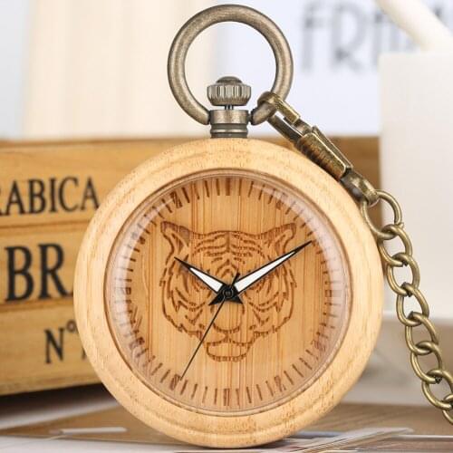 Concise Bamboo Quartz Pocket Watch Unisex Charming Animal Pattern Dial Durable Pendant Chain Pocket Watch