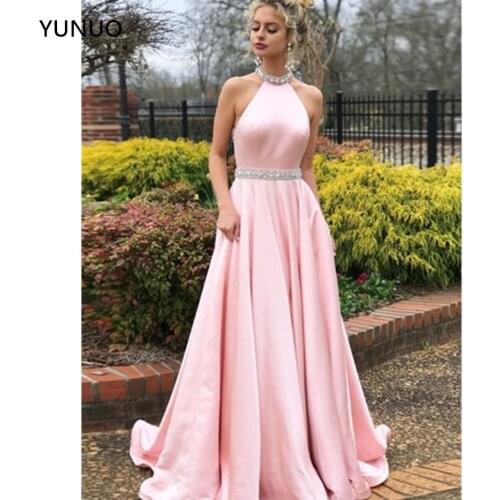 YUNUO A-line Prom Dresses Pink High Neck Sleeveless Cheap Beading Satin Formal Evening Dress Party Gowns Vestido De Festa