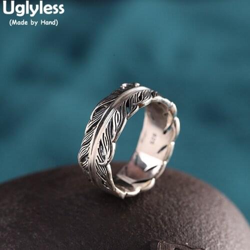 Uglyless Classic Feather Leaf Rings for Women Ethnic Thai Silver 925 Silver Open Rings 7MM Width Vintage Dress Jewelry Hollow