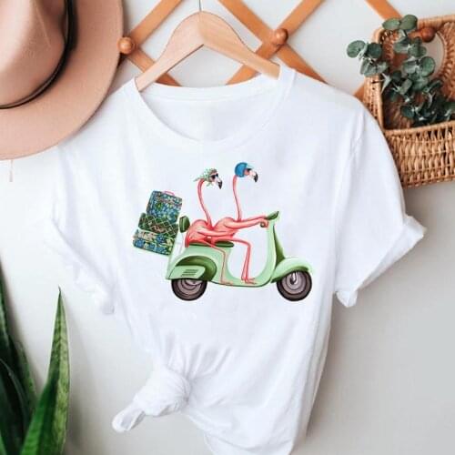 Women Summer Tshirts Cartoon Flamingo Funny 90s Beach Travel Short Sleeve Clothes Stylish T Top Lady Print Sweet Tee T-Shirt