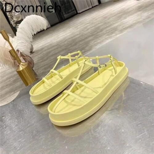 Woman Summer thin strap hollow thick-soled sandals leather round toe womens all-match dress shoes beach sandals Yellow New