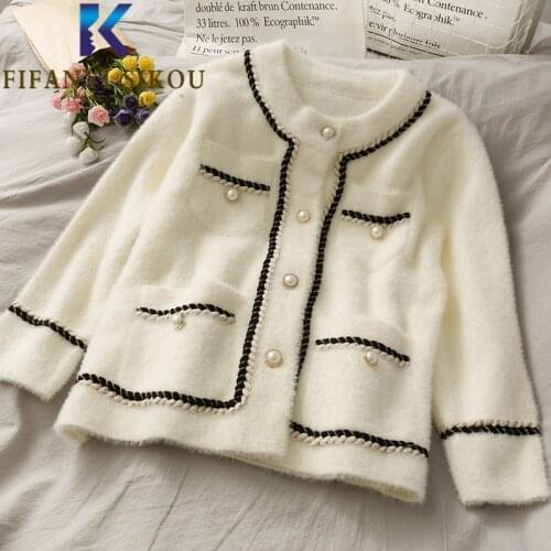 Faux Mink Cashmere Sweater Jacket Women 2021 Winter Short Cardigan Coat Single Breasted Fashion Thick Warm Knit Sweaters Female
