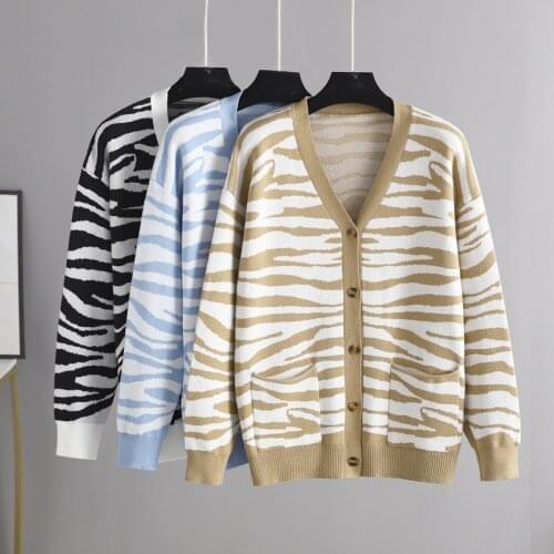 Autumn 2021 Striped pocket knitted cardigan women sweater coat V-neck long-sleeved loose large size long coat female cardigan