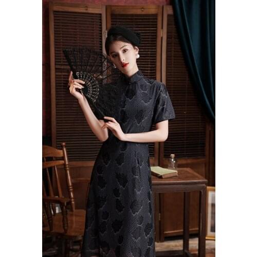 Chinese Style Short Sleeve Mandarin Collar Qipao Women Vintage Classic Black Lace Cheongsam Vestidos Plus Size M-3XL