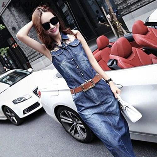 2018 chic denim clothing women vintage long denim dress shirt collar sleeveless summer denim dress with belt KK1045 HQ