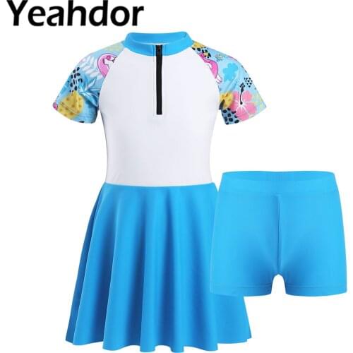2021 Kids Girls Swimwear Swimming Outfit Bathing Suit Stand Collar Short Sleeves Front Zipper Knee Length Dress with Shorts Set