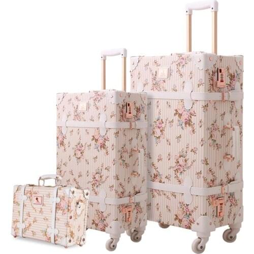 3PC Lightweight Vintage Print 3 Piece Luggage Set 20" 26" & 13'' cosmetic case WomenTravel Bags Suitcase With Spinner Wheels