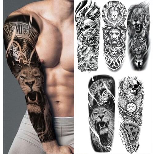 Black Compass Lion Temporary Tattoos Sleeve For Men Adult Fake Tiger Skull Flower Full Arm Tattoo Sticker Waterproof Tatoos