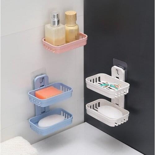 Wheat Straw Double-layer Hollow Soap Holder Bathroom Drain Soap Box Suction Cup Soap Holder Wall Hanging Rack Shampoo Organizer