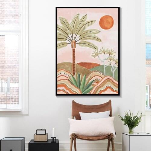 Canvas Painting Vintage Landscape Tree and Sun Holiday Trip Poster Print Wall Art Pictures For Home Decor Living Room Unframed