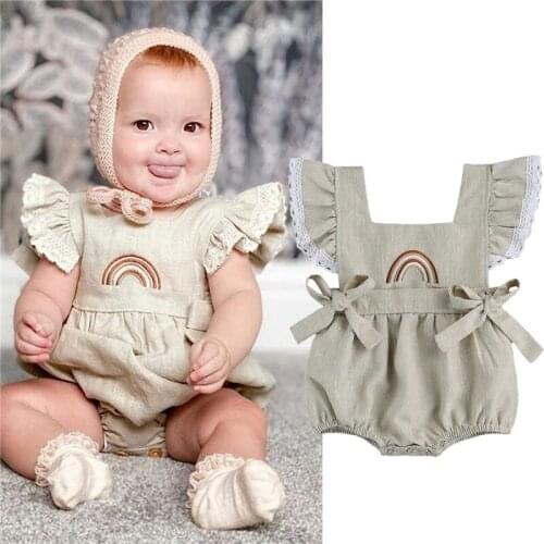 0-24M Newborn Baby Girls Boys Bodysuits Rainbow Print Lace Ruffles Short Sleeve Backless Jumpsuits