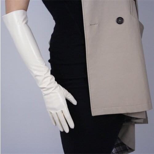 Patent Leather Long Gloves 50cm Long Section Emulation Leather PU Bright Leather Bright Rice Milk White Cream Female PU68