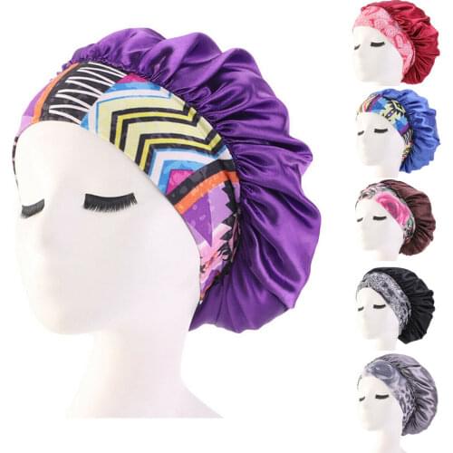 2020 New Hot Fashion Women Satin Night Sleep Cap Hair Bonnet Hat Silk Head Cover Print Wide Elastic Band