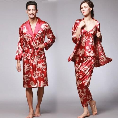 Groom Bride Red Satin Pajamas Set Couples Matching Kimono Sleepwear Women Pants Suits and Man Robe Lovers Wedding Home Clothes