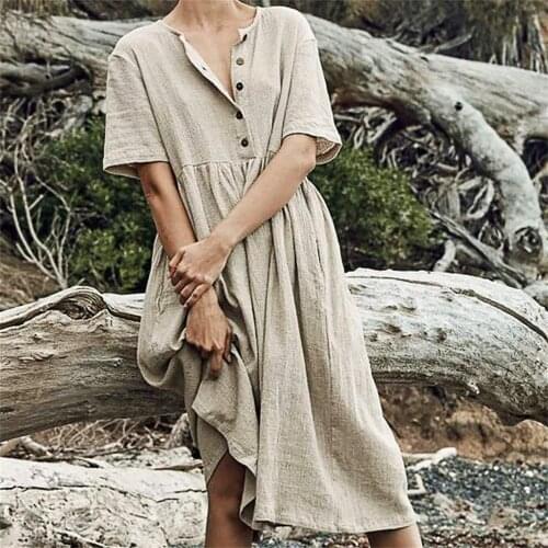 Cotton Linen Dress Short Sleeve Button O-neck Knee Dresses For Women Solid Fashion Party Dress Plus Size Ruched Sundress #LR3