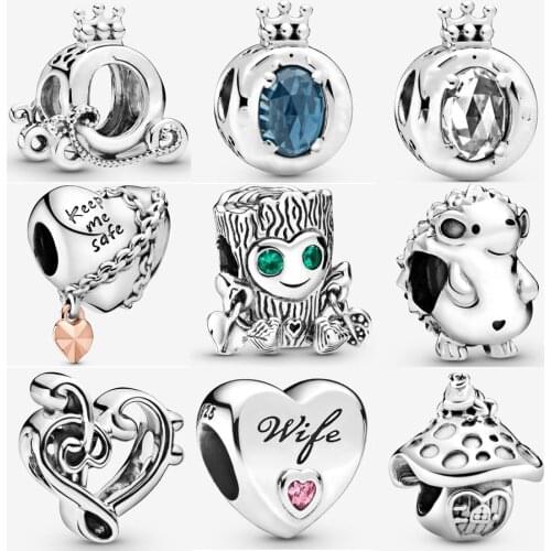 2020 Classic 925 Sterling Silver Crown Hedgehog Charm Fit pandora Bracelet Sweet Tree Charm Wife Love Heart Charm DIY Jewelry
