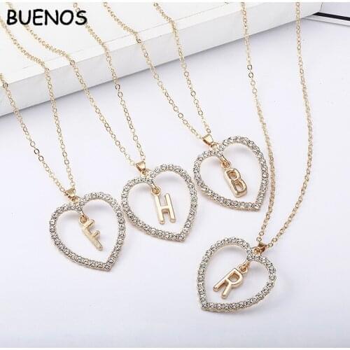 BUENOS Romantic Love Pendant Necklace For Girls Women Rhinestone Initial Letter Necklace Alphabet Gold Collars New Charms Kolye