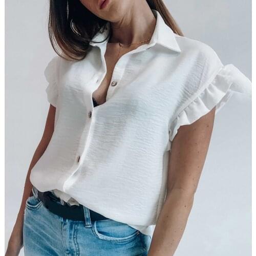 Office Shirts For Ladies 2021 Summer New Clothes Fashion Womens Casual Short-sleeved Ruffled Single-breasted Shirt Collar Top
