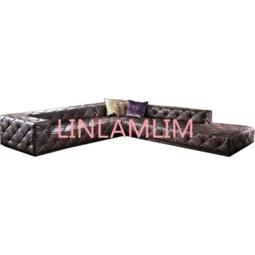 Top graded italian genuine leather sofa sectional living room sofa chesterfield sofa L shape with crystal buttons SF314 stock