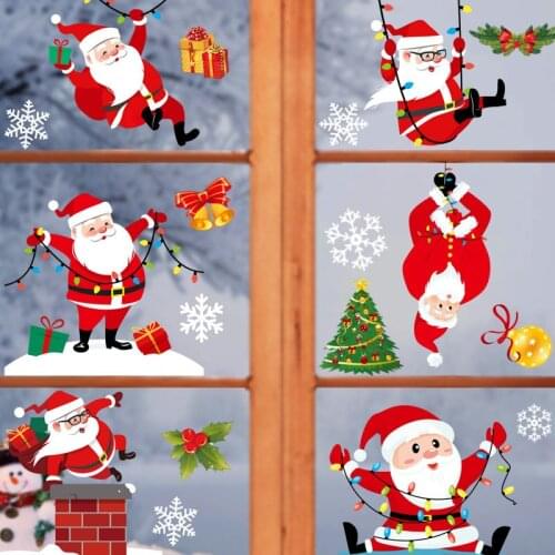 Removable Christmas Window Stickers Santa Snowflake Glass Non-Adhesive Pvc Stickers Party New Year Decor Xmas Decals Stickers