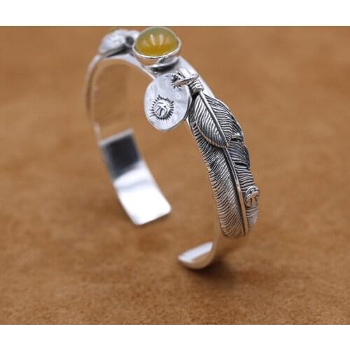 Starfield S925 Sterling Silver Jewelry Popular Men Women Takahashi Feather Mosaic Chalcedony Individual Bangle