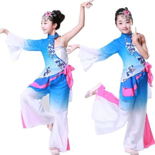 Girls Embroidery Chinese Folk Dance Costumes Blue Children Fan Yangko Classical Dance Stage Performance Clothing